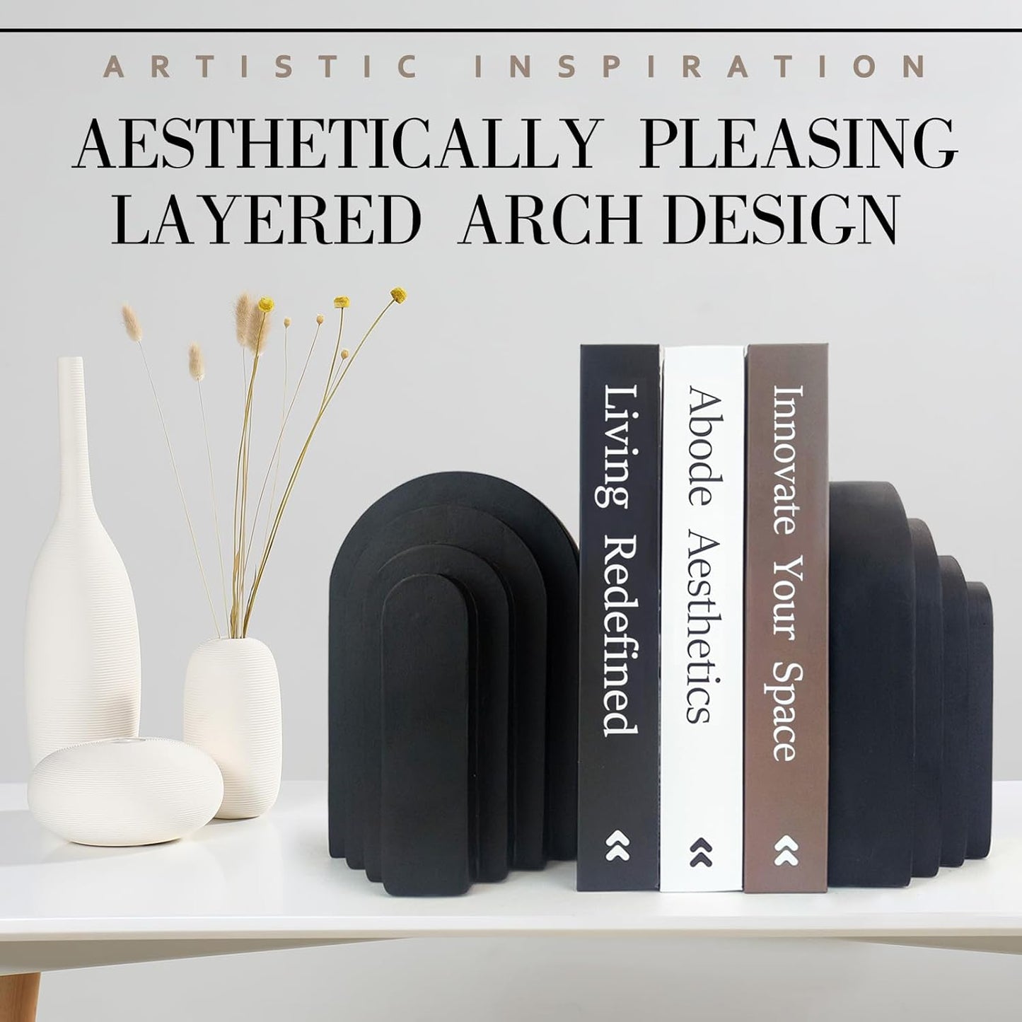 Heavy Duty Book Ends for Shelves, Decorative Book Stopper for Shelves, Resin Decor Bookends for Heavy Books, Modern Home Decor Aesthetic Bookend Aesthetically Pleasing Layered Arch Design, Set of 2