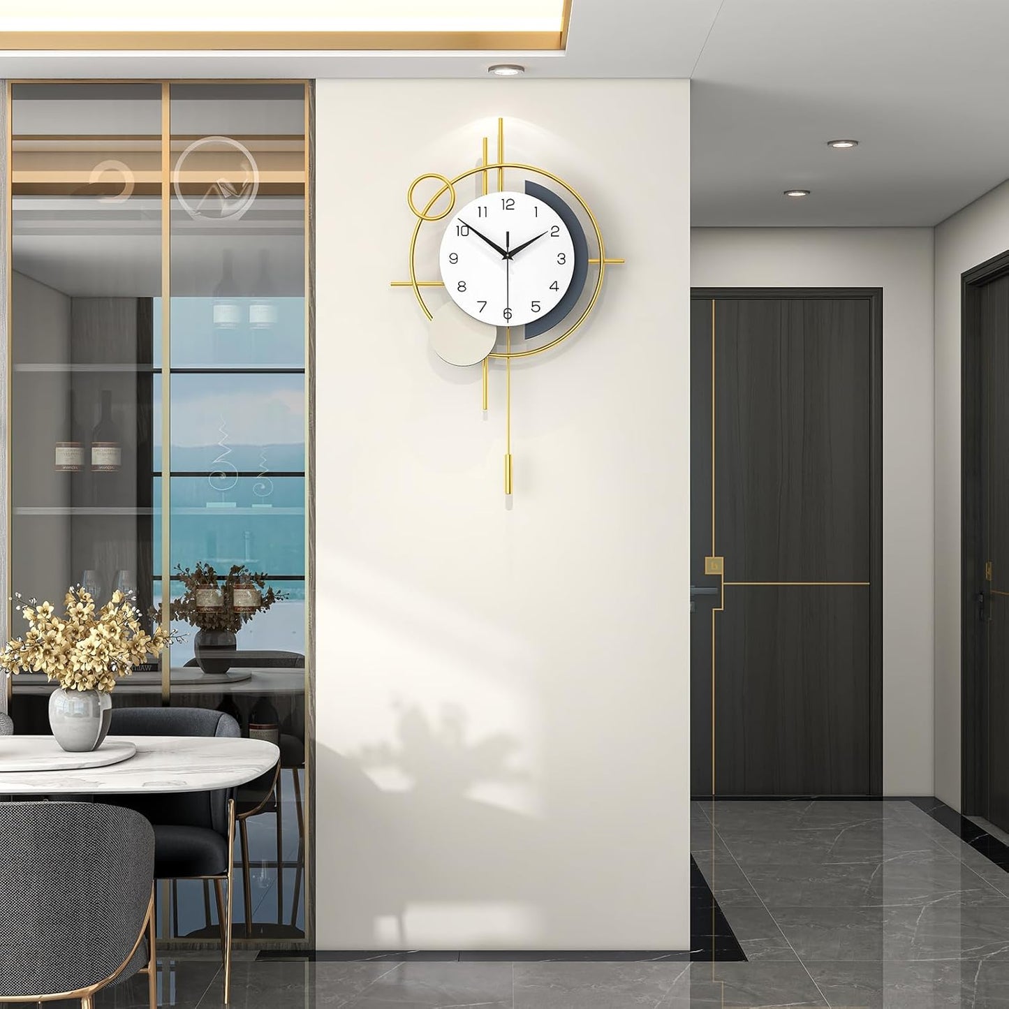 Wall Clock for Living Room Decor Decorative Wall Clock with Pendulum Silent Quartz Battery Operated Black Metal Large Clock for Dining Room,Kitchen,Home,Bathroom,Bedroom,13.8x21.3 in
