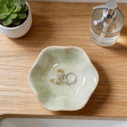 Pink Flower Ring Dish Holder,Jewelry Dish Tray,Small Trinket Tray,Jewelry Plate Bowl,Key Bowl,Decorative Plate,Mothers Day Birthday Gifts for Women Friends,Ceramic Kiln effect White