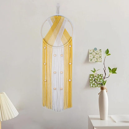 LB Boho Macrame Wall Hanging - Green and Beige Handmade Cotton Woven Decor, Modern Geometric Bohemian Tapestry Wall Decor for Bedroom Living Room Home (31.5"x9.84") Nature-Inspired Room Decor