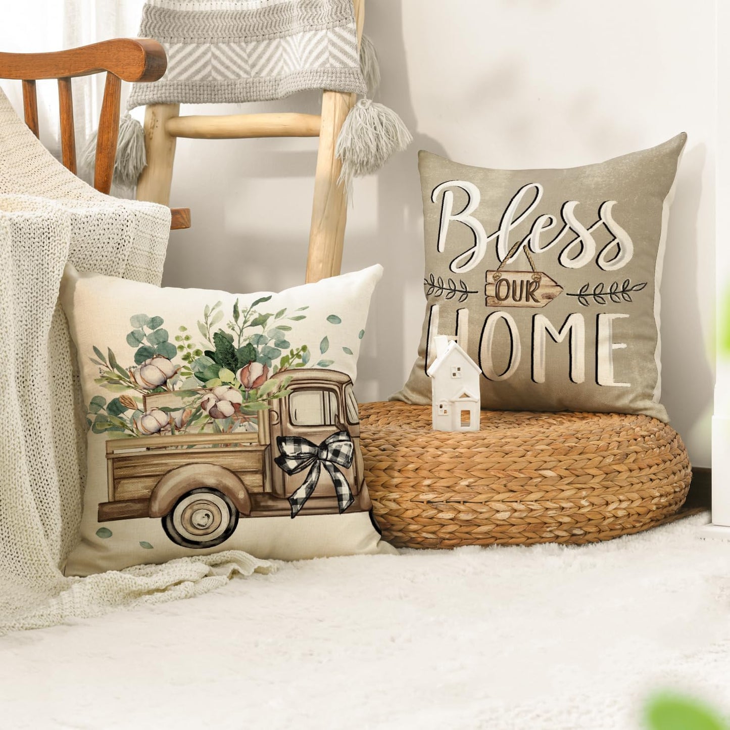 AVOIN colorlife Bless Our Home Farmhouse Eucalyptus Leaves Throw Pillow Covers, 18 x 18 Inch Truck Home Sweet Home Cushion Case Decorations Set of 4