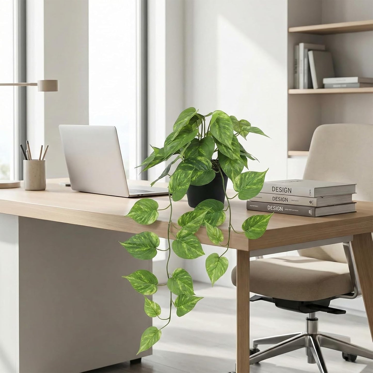 Artificial Pothos Hanging Plants 2 Pack with Pots, Realistic Fake Hanging Plants Indoor, Faux Greenery Vines for Shelf, Bathroom, Living Room, Office Decor