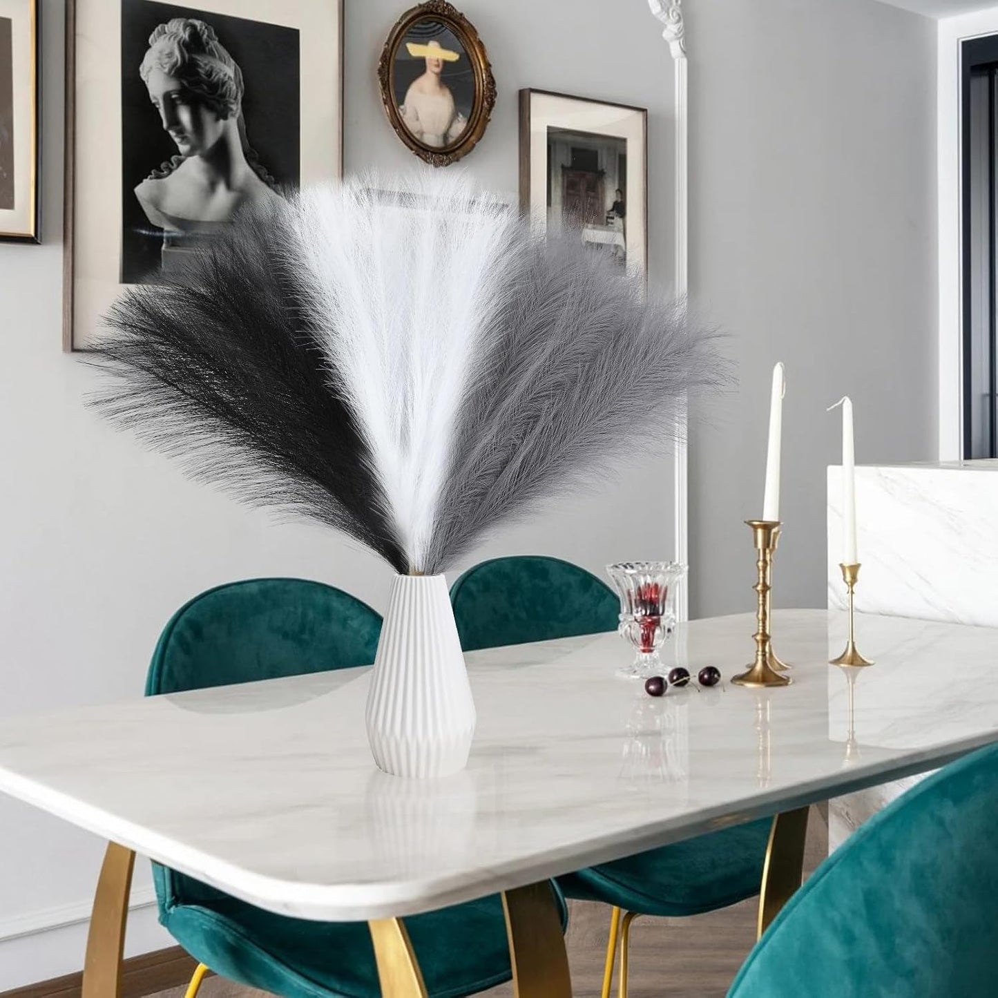 UREYMX Faux Pampas Grass Decor 17.7 Inch 6pcs, Artificial Pampas Grass Fluffy Home Decor, Short Vase Room Decor pompous Grass Flower Arrangement for Boho Home Wedding Decoration (Black)
