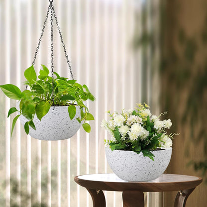 Meowell 10 inch Hanging Planters for Indoor Outdoor Plants, 2 Pack Hanging Flower Pots with Drainage Holes and Chain for Garden Porch, Plastic Hanging Baskets for House Plants, Speckled Grey