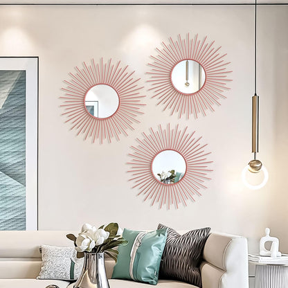 3 Pack Metal Mirrors for Wall Sunburst Wall Mirrors Home Décor Decorative Hanging Wall Art for Living Room Bedroom Entryway (Gold, Flower+Sunburst)