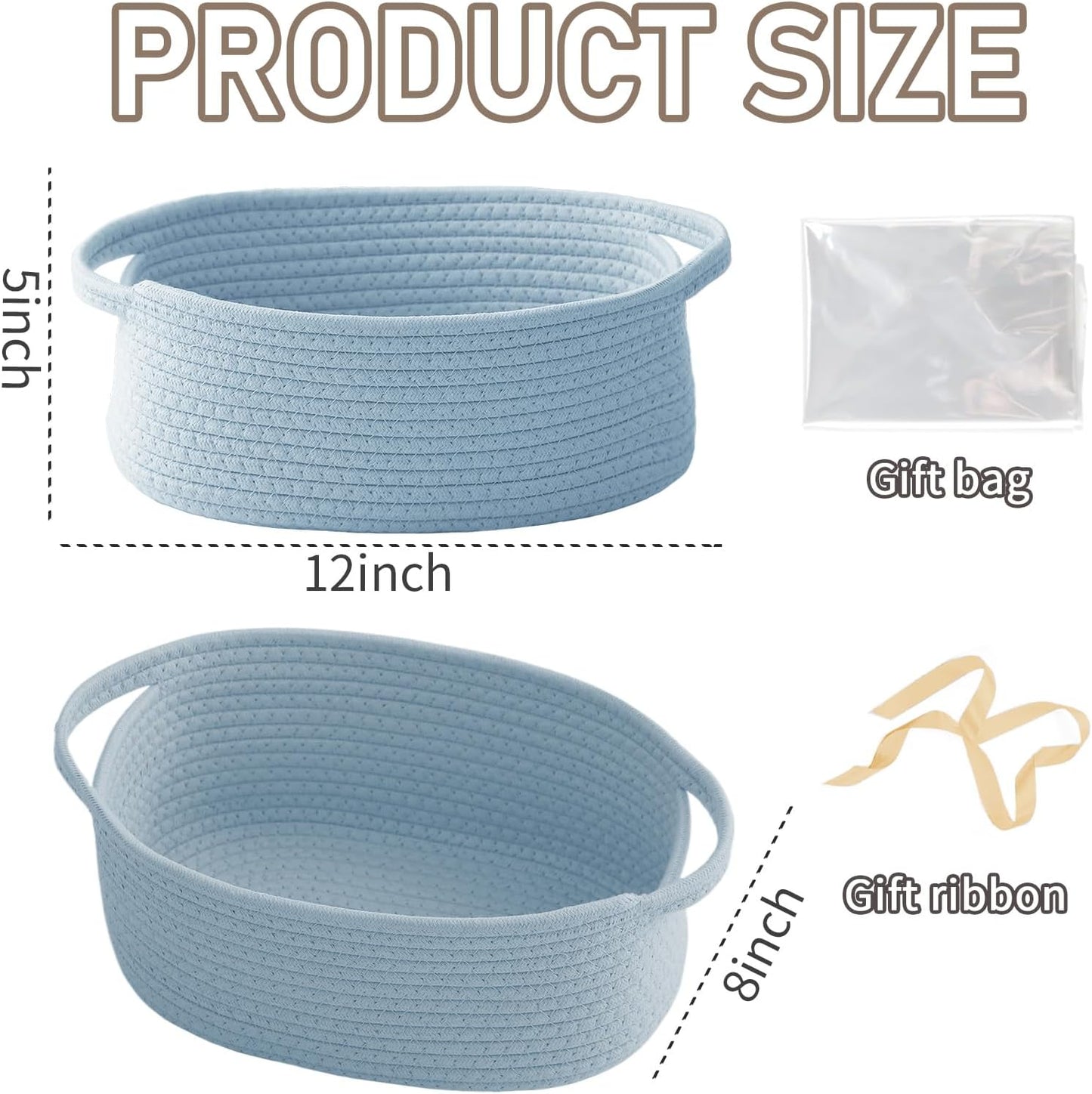 JMvicyroam Woven Basket,Small Rope Storage Bin with Handles & Ribbon Bag, Organizer for Shelves Closets,Gift Basket Empty for Birthday,Books,Dog Toys,White