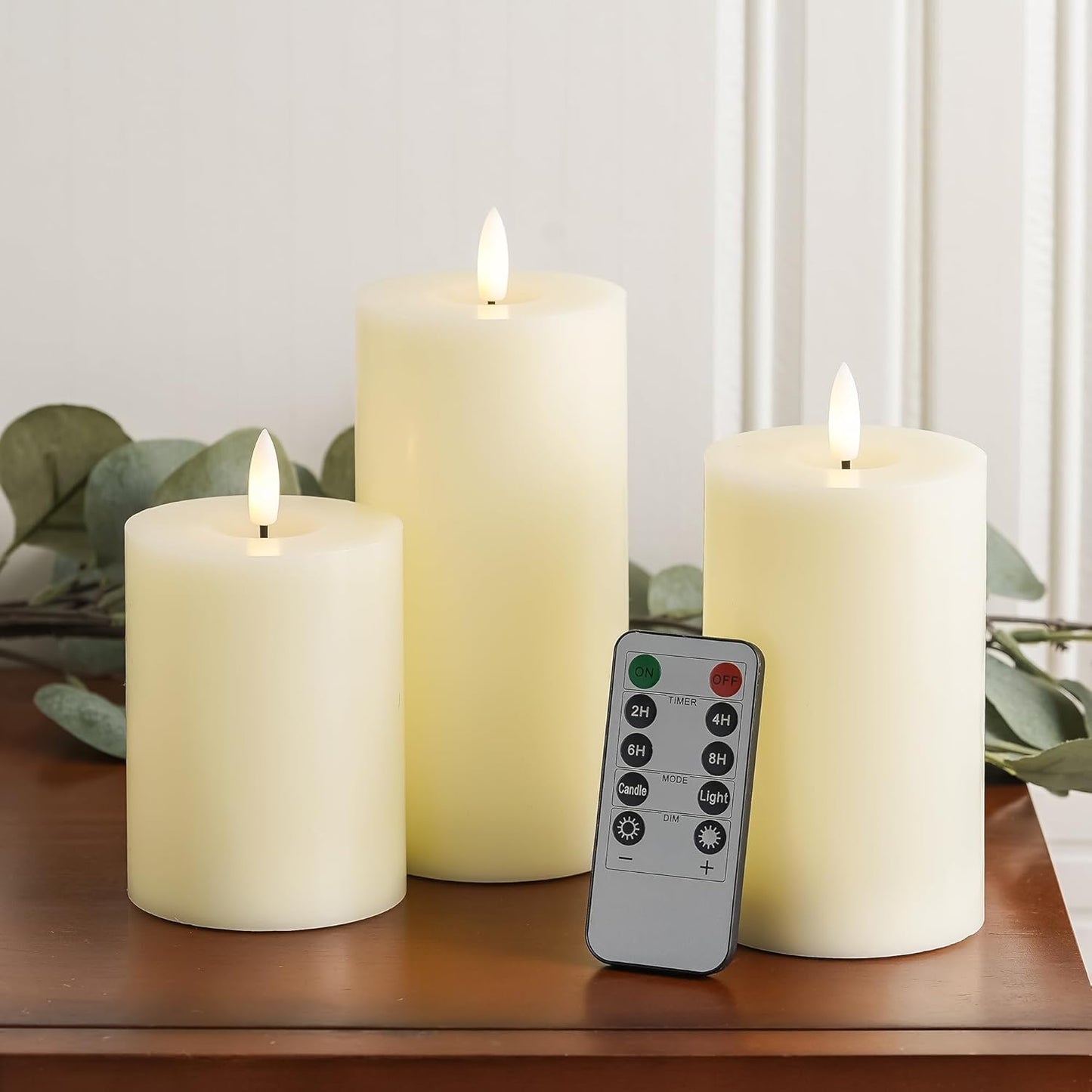 Stmarry Ivory Flameless Candles with Remote and Timer, Real Wax Made LED Pillar Candles Battery Operated with 3D Flickering Flame - 3" x 4",5",6" - Set of 3