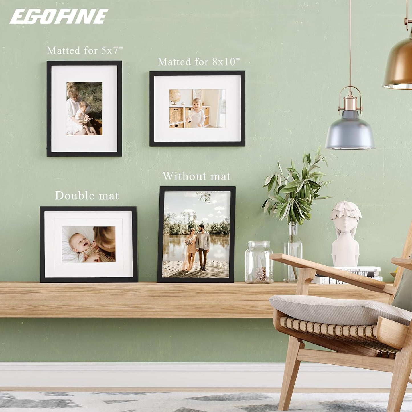 Egofine 8x10 Picture Frames Set of 4, Made of Solid Wood Covered by Plexiglass 4x6 and 5x7 with Mat or 8x10 without Mat, for Table Top Display and Wall Mounting Photo Frame Black