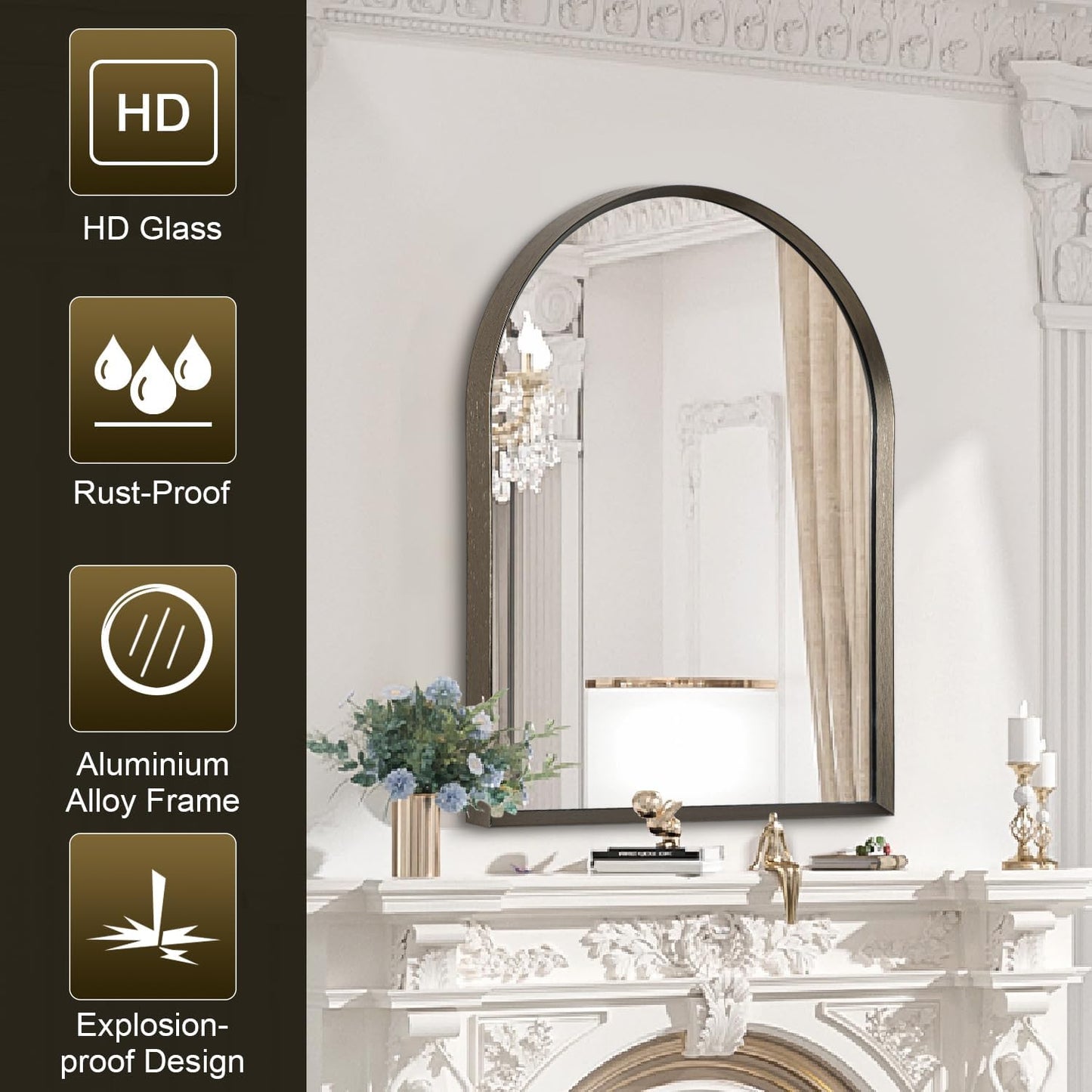 Black Arched Mirror, Modern Bathroom Wall Mirror Aluminum Alloy Framed Mirror Brushed Metal Vanity Wall Mounted Mirror for Livingroom Bedroom Entryway Room 16"x12"
