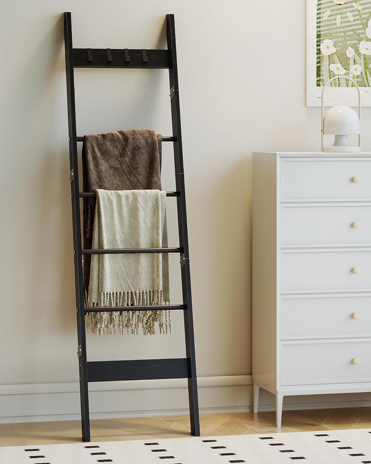 Hzuaneri Blanket Ladder for Living Room, Decorative Quilt Rack with 4 Removable Hooks, 5-Tier Farmhouse Ladder Holder Shelf Organizer for Bedroom, Rustic Brown and Black 02101BBR