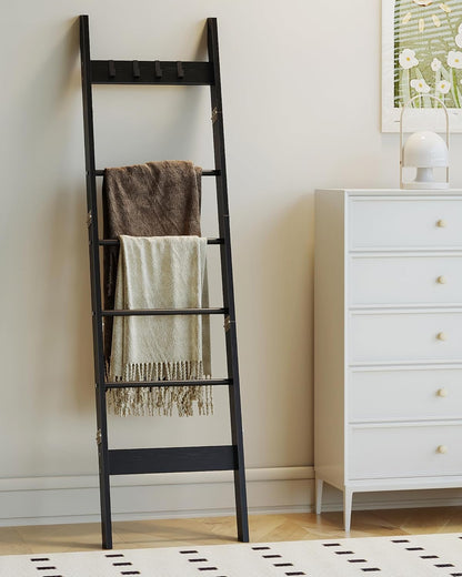 Hzuaneri Blanket Ladder for Living Room, Decorative Quilt Rack with 4 Removable Hooks, 5-Tier Farmhouse Ladder Holder Shelf Organizer for Bedroom, Rustic Brown and Black 02101BBR