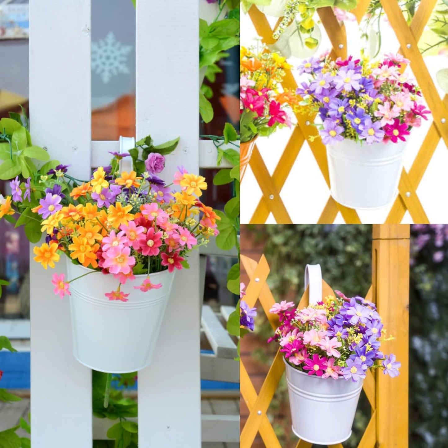 KINGLAKE Flower Pots,10 Pcs Metal Iron Hanging Flower Plant Pots Balcony Garden Plant Planter Baskets Fence Bucket Pot 4'' Flower Holders with Detachable Hook