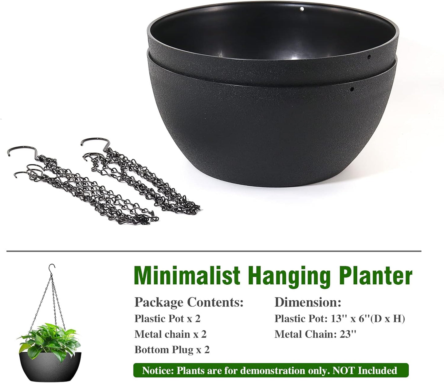 WSMKSZ 10 inch Hanging Planters for Outdoor Indoor Plants with Drainage Holes and Chain, 2 Pack Round Hanging Flower Pots for Garden Home Porch Decor, Black
