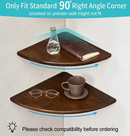 Corner Shelves, Floating Corner Shelf, Set of 2 7inch Solid Oak Wood Wall Shelves, Round End Wall Mount with Wire Hole Shelving for Small Plant for Bedroom Kitchen, Living Room