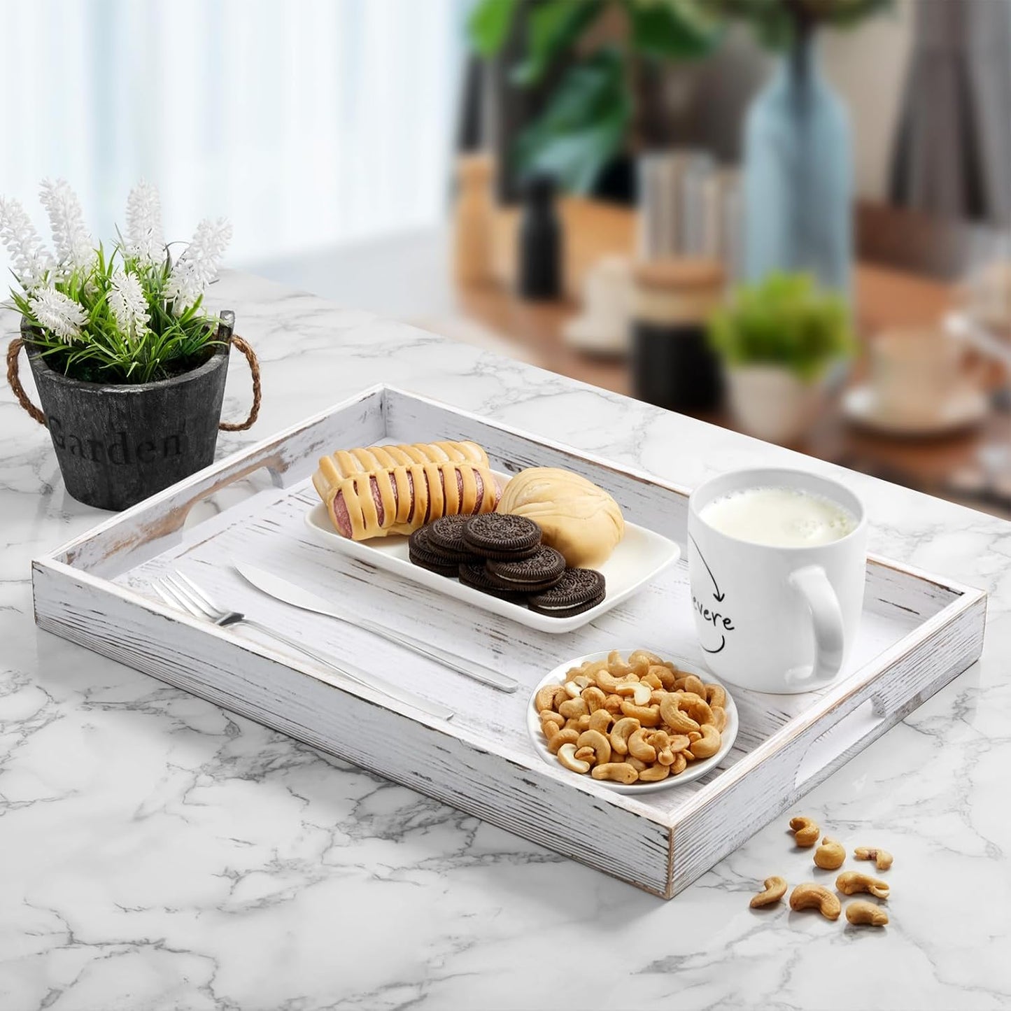17 Inch Acacia Wood Serving Tray with Handles - Large Wooden Tray for Ottoman, Breakfast in Bed, Dinner, Coffee Table - Decorative Rectangular Tray for Living Room Bedroom Entryway and Kitchen