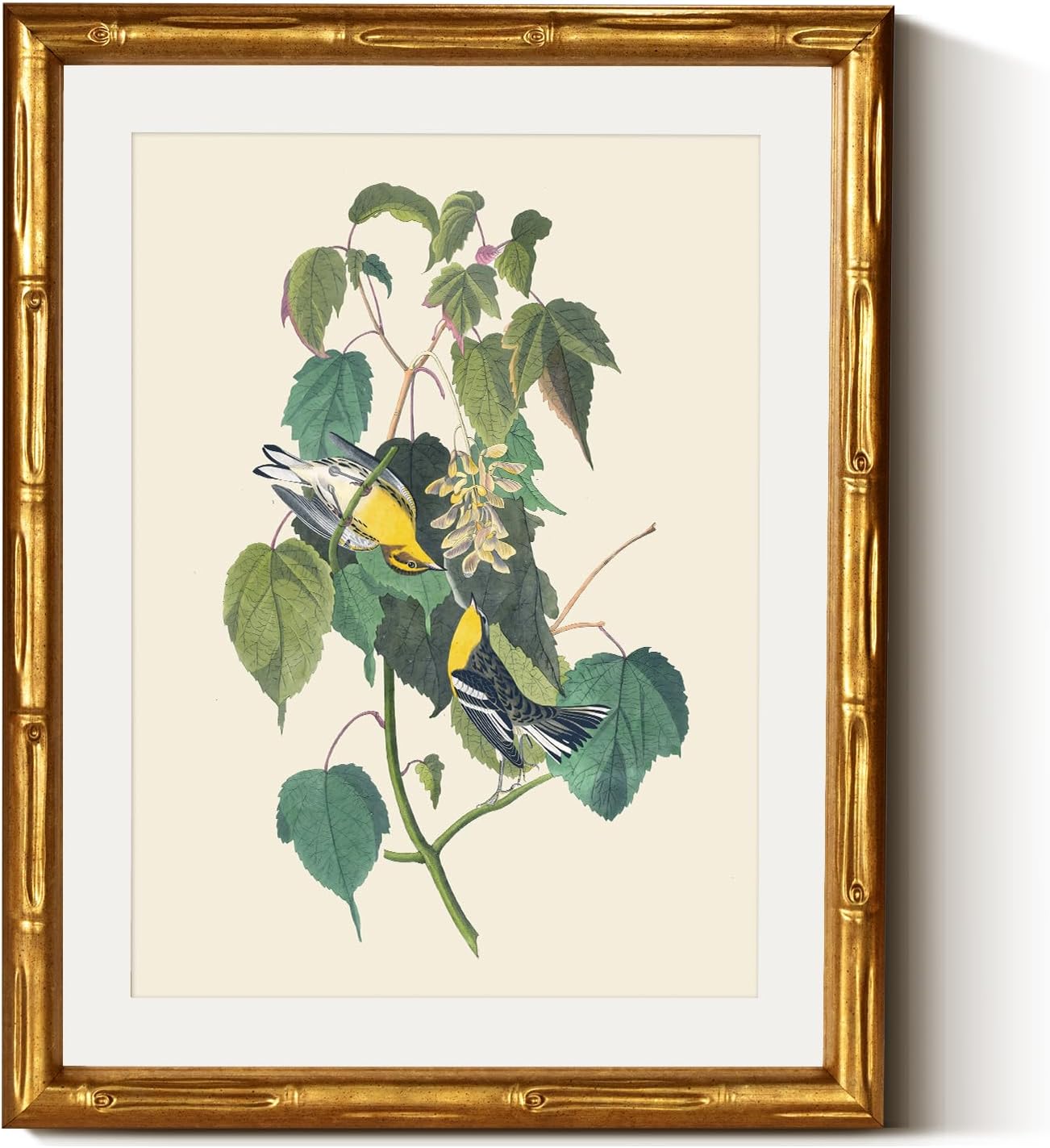 InSimSea Gold Bamboo Framed Canvas Wall Art, Retro Blue Hydrangea Botanical Prints, Antique Flowers Picture Frame with Mat, Victorian Home Wall Decor for Kitchen Living Room Bedroom, 11x14inch