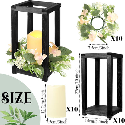 Hushee 30 Pcs Wooden Wedding Lantern Centerpiece Integrated Holders with Candles and Wreaths Rustic Wooden Candle Lantern Decor for Wedding Party Table Valentine Decor (Yellow)