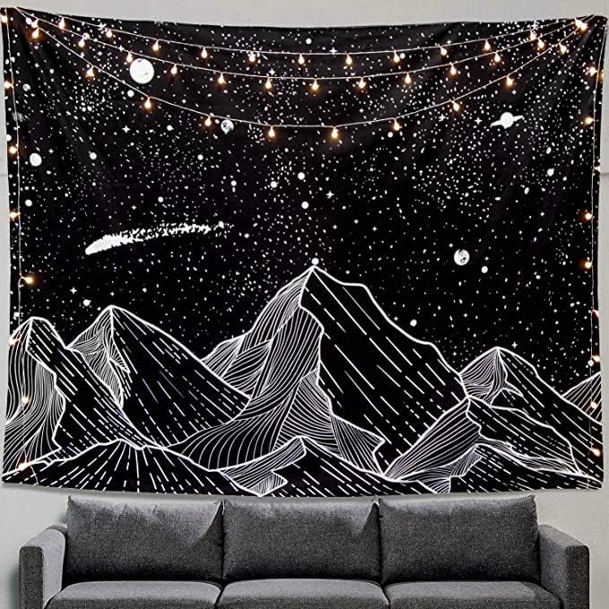 Zussun Black and White Tapestry Starry Night Mountain Tapestries for Bedroom Aesthetic Moon and Stars Tapastry's Wall Hanging Dark Nature Forest Wall Tapestry for Living Room Dorm (48'' × 36'')