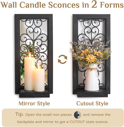 Farmhouse Wall Candle Holder Decor: Rustic Candle Sconces Set of Two for Pillar Candles - Brown Wooden Shelving for Fireplace Bathroom Hallway
