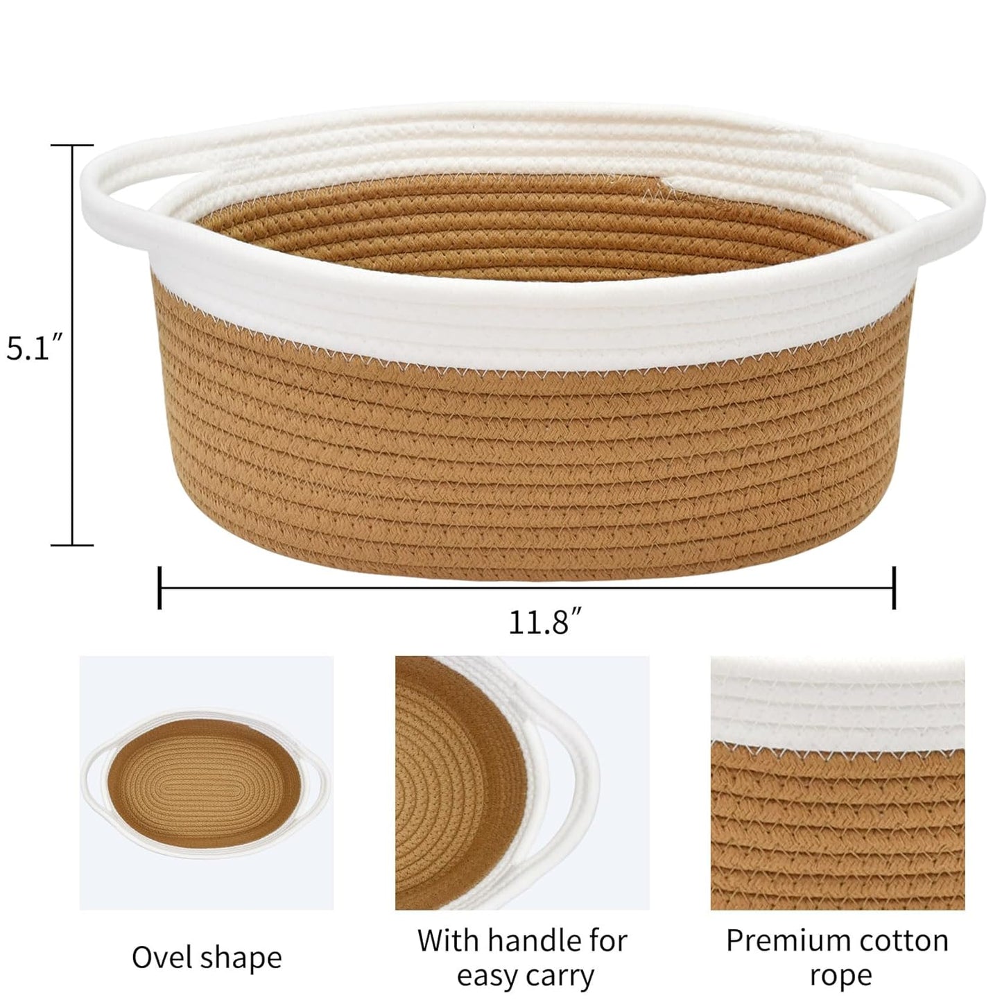 ABenkle Small Basket with Handles, Boho Decorative Rope Woven Dog Cat Toy Storage Bin Shelf Storage Organizer, Easter Christmas Gift Basket, 12"x8"x5", White