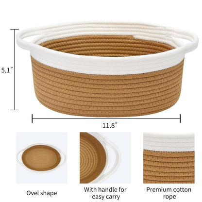ABenkle Small Basket with Handles, Boho Decorative Rope Woven Dog Cat Toy Storage Bin Shelf Storage Organizer, Easter Christmas Gift Basket, 12"x8"x5", White