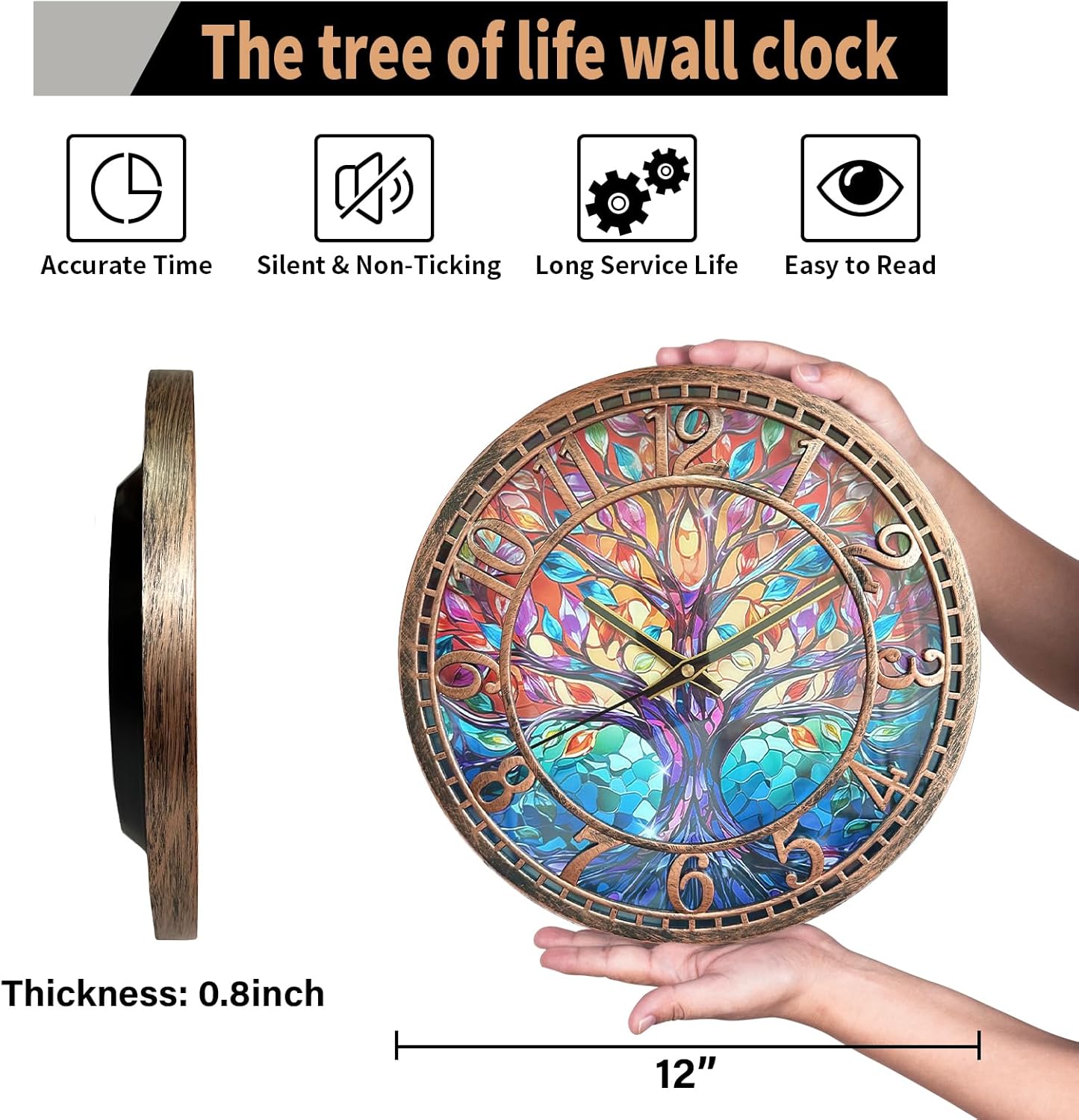 WANGIRO Tree of Life Wall Clock 12inch Silent Movement Non-Ticking Clock Precise Timekeeping Wall Clock Suitable for Living Rooms Bedrooms Offices Ideal for Home Decor Gifts Antique Copper