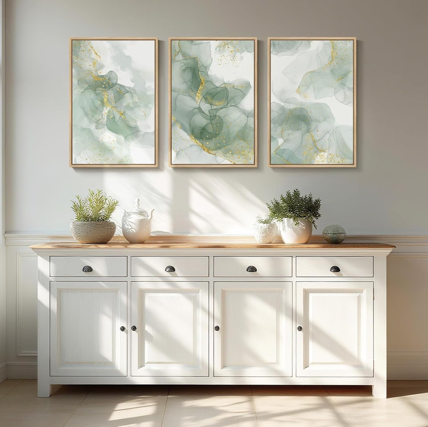 Large Framed Abstract Nature Landscape Wall Art for Living Room, Set of 3 Modern Canvas Prints Paintings Artwork for Walls, Green Lake Pictures for Hallway, Dining Room, Office Wall Decor 24x36 Inch