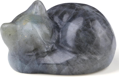 YATOJUZI 2" Cat Decors Statue Opal Moonstones Crystals Opalite Sleeping Cats Gemstone Hand-Carved Cute Animal Figurines Home Office Desk Decor Stocking Stuffers Cat Themed Ornaments Gifts for Women