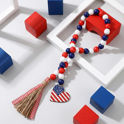 Wood Bead Garland with American Flag and Rustic Tassels, Farmhouse Wall Hanging Prayer Beads Patriotic American Independence Day 4th of July Ornaments for Home Decor