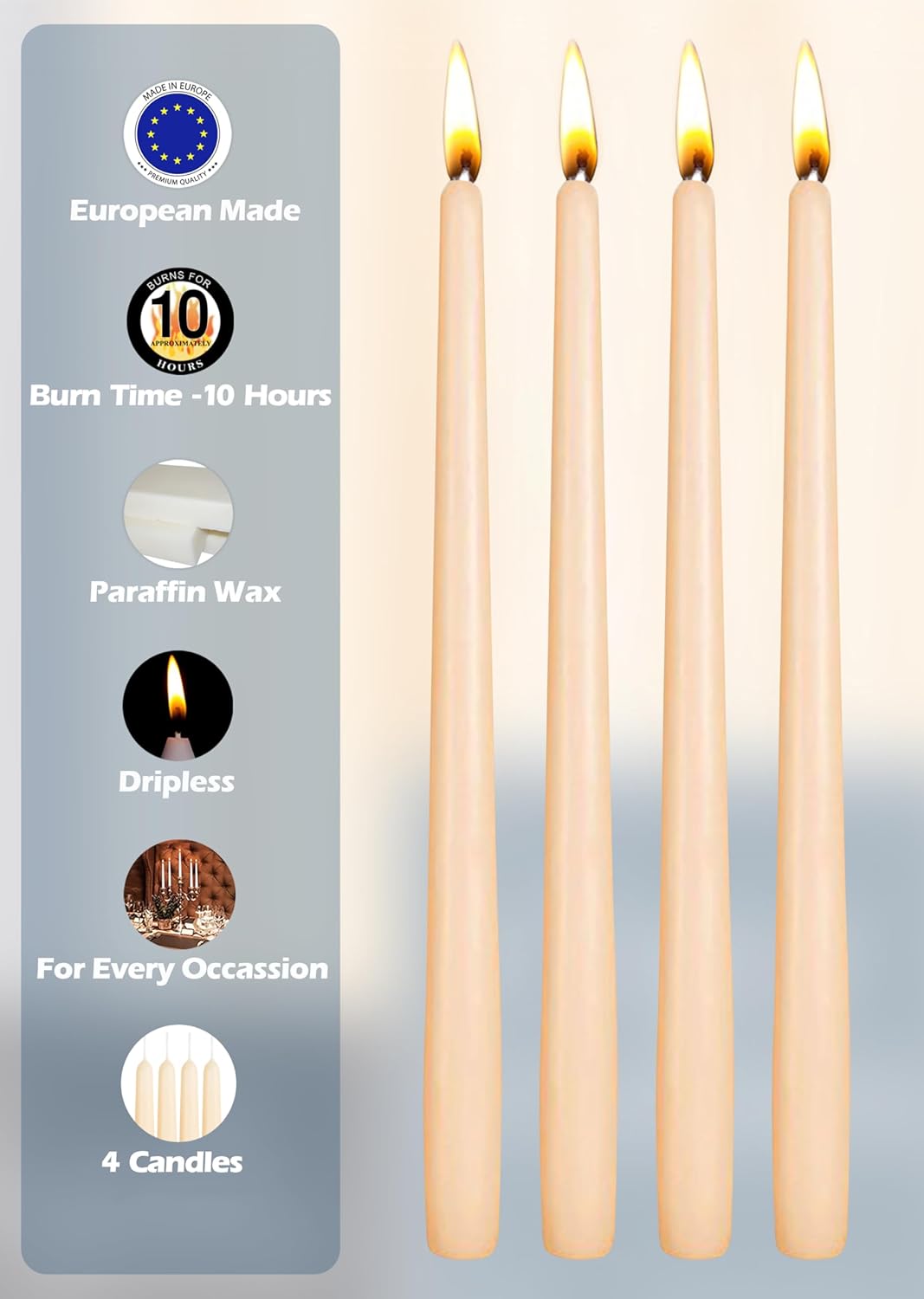 Hyoola Tall Taper Candles - 10 Inch Metallic Gold Unscented Dripless Taper Candles - 8 Hour Burn Time - 4 Pack