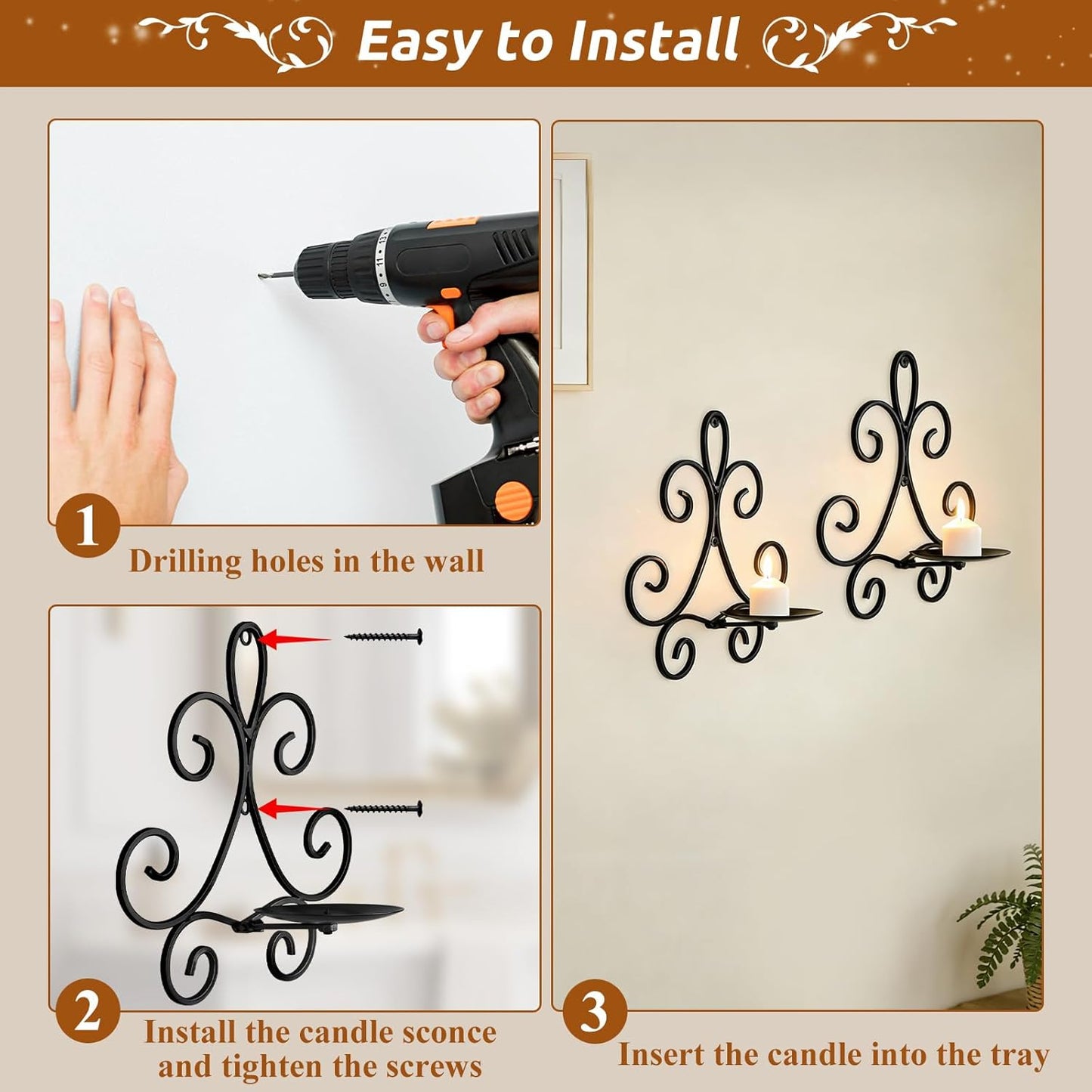 Wall Candle Sconces Set of 2, Double Scroll Pattern Candle Sconces, Metal Wall Candle Holder for Home Decor, Living Room, Dining Room, Bedroom, Black, Gifts for Men Women Mom or Dad
