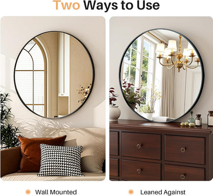 Bathroom Mirror for Wall, 24 Inch Round Mirror, Matte Black Metal Framed Circle Vanity Mirror for Bathroom Bedroom Living Room Entryway, Anti-Rust, Tempered Glass, Hanging or Leaning