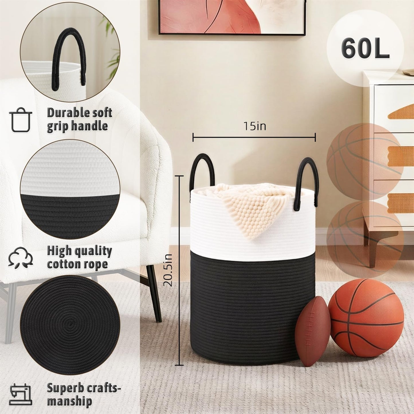 Artfeel Laundry Basket,Woven Cotton Rope Laundry Hamper,60L for Decor Storage of Dirty Clothes,Toys and Blankets in Bathroom,Baby Room and Living Room