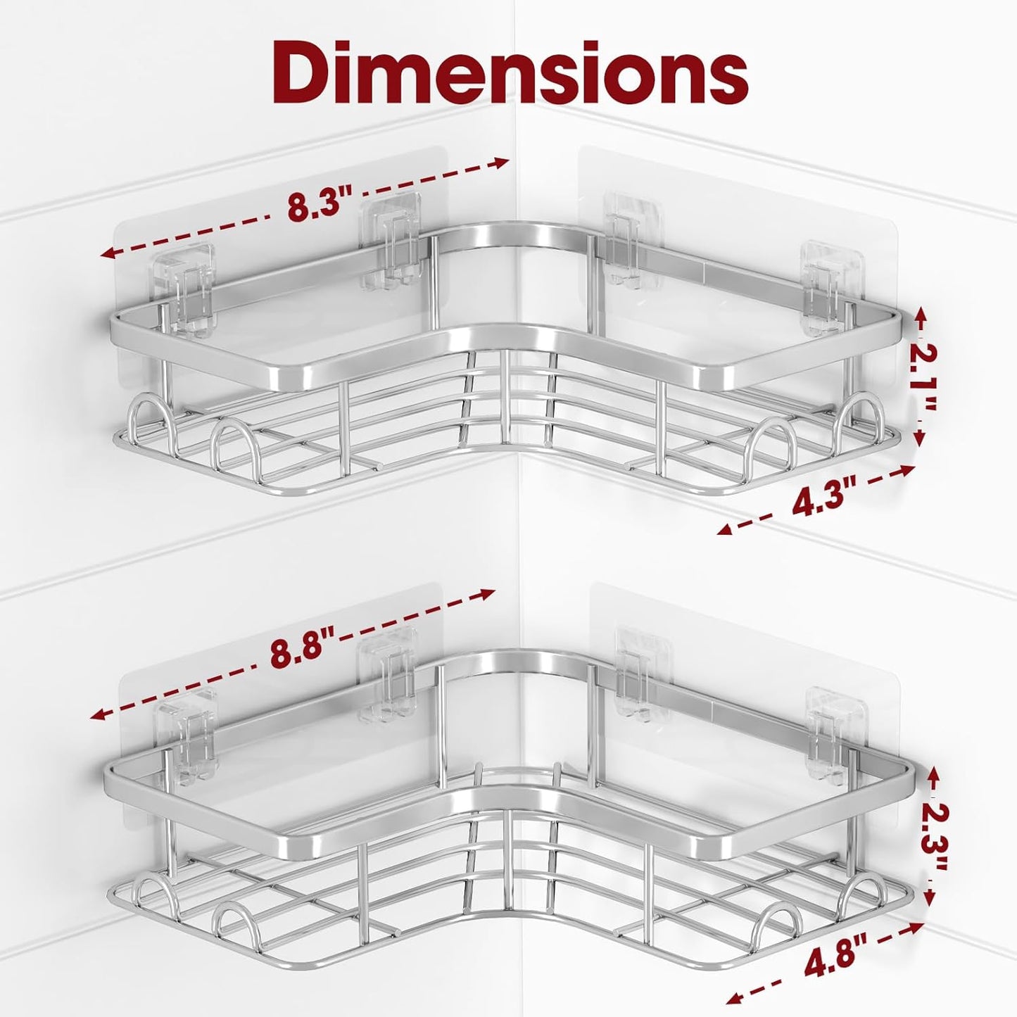 Sakugi Corner Shower Caddy - 2 Pack, Adhesive Shower Organizers, Rustproof Stainless Steel Shower Shelves with 8 Hooks, No Drilling Bathroom Organizers and Storage Racks, Space-Saving, Black, Medium