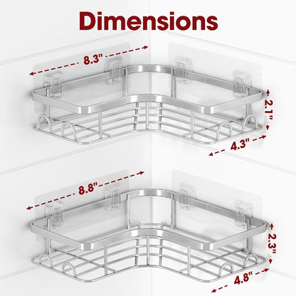 Sakugi Corner Shower Caddy - 2 Pack, Adhesive Shower Organizers, Rustproof Stainless Steel Shower Shelves with 8 Hooks, No Drilling Bathroom Organizers and Storage Racks, Space-Saving, Black, Medium