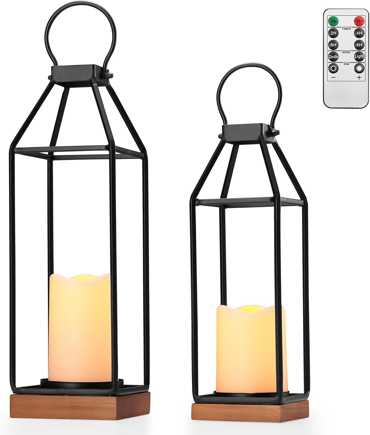 Perfnique Modern Farmhouse Lantern Decor, 15'' 13'' Set of 2 Black Metal Lantern, 2 LED 6hr Timer Flameless Candles ＆ Remote Timer, Lanterns Decorative for Outdoor, Home, Indoor, Patio, Christmas