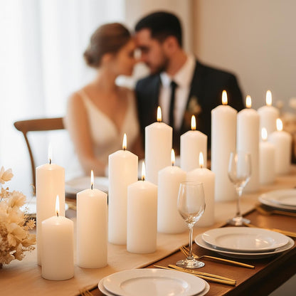 18 Pcs White Pillar Candles Bulk Set，Hurricane Candles，3 Different Lengths 2 x 3/4/6 Inch (6 Each)，Dripless Unscented Smokeless，Gives You a Better Atmosphere When Organizing an Event Party.