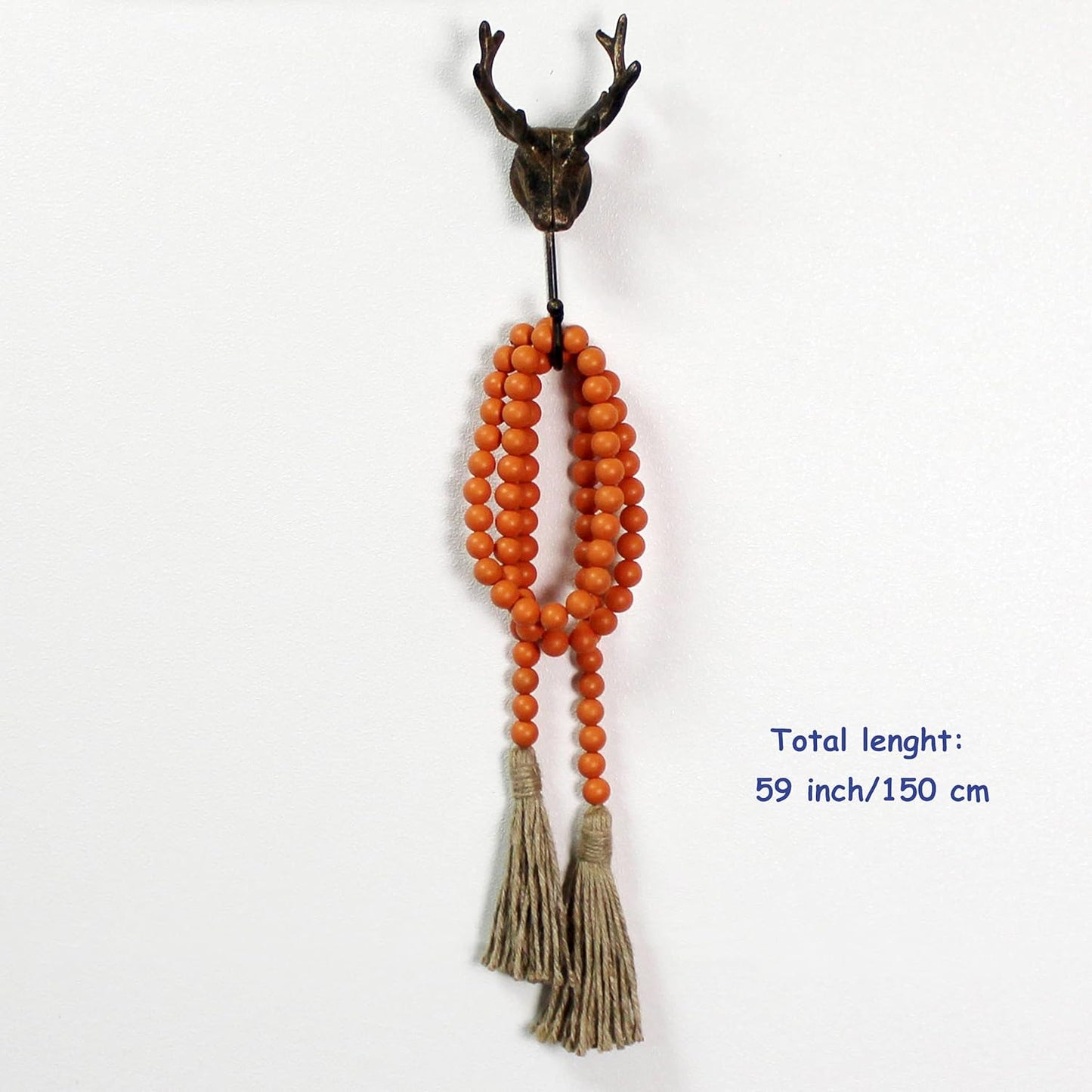 CVHOMEDECO. Wood Beads Garland with Tassels Farmhouse Rustic Wooden Prayer Bead String Wall Hanging Accent for Home Festival Decor. Mix Distressed