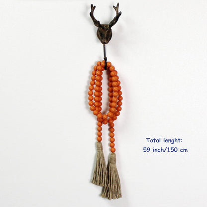 CVHOMEDECO. Wood Beads Garland with Tassels Farmhouse Rustic Wooden Prayer Bead String Wall Hanging Accent for Home Festival Decor. Mix Distressed
