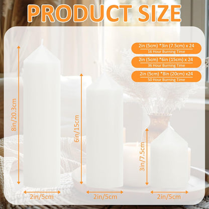 18 Pcs White Pillar Candles Bulk Set，Hurricane Candles，3 Different Lengths 2 x 3/4/6 Inch (6 Each)，Dripless Unscented Smokeless，Gives You a Better Atmosphere When Organizing an Event Party.