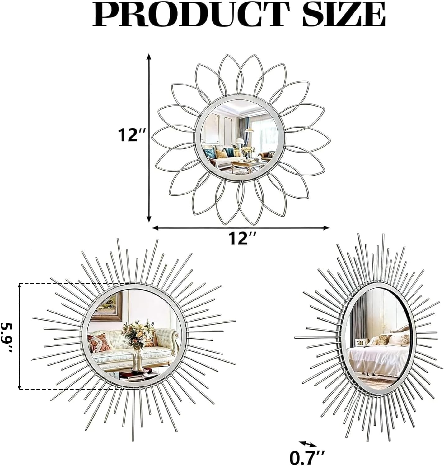 Boho Sunburst Wall Mirror Set of 3, 12 Inch Round Antique & Modern Metal Wall Art, Hanging Over The Door Mirrors for Wall Decor in Living Room, Bedroom, Bathroom, Entryway（Gold）