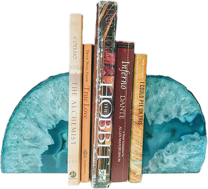 JIC Gem Dyed Blue Agate Bookends Geode Decorative Book Ends for Heavy Books with Rubber Bumpers for Office and Home Decoration Polished Small Size 2 to 3 Lbs