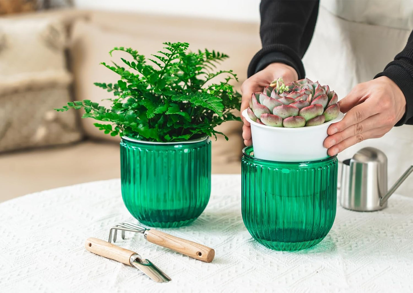 Melphoe 2 Pack Self Watering Hanging Planters Indoor Flower Pots, 6.5 Inch Outdoor Hanging Basket, Plant Hanger with 3Hooks Drainage Holes for Garden Home (Emerald)