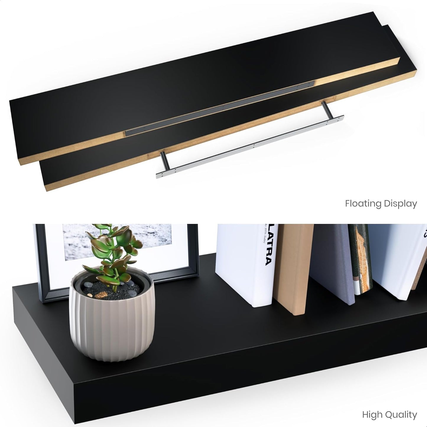 Ballucci Floating Shelves for Wall, 48" Wood Wall Shelf Set of 2, with Invisible Brackets for Bathroom, Living Room, Bedroom, Kitchen, Nursery, 8" Deep, Black