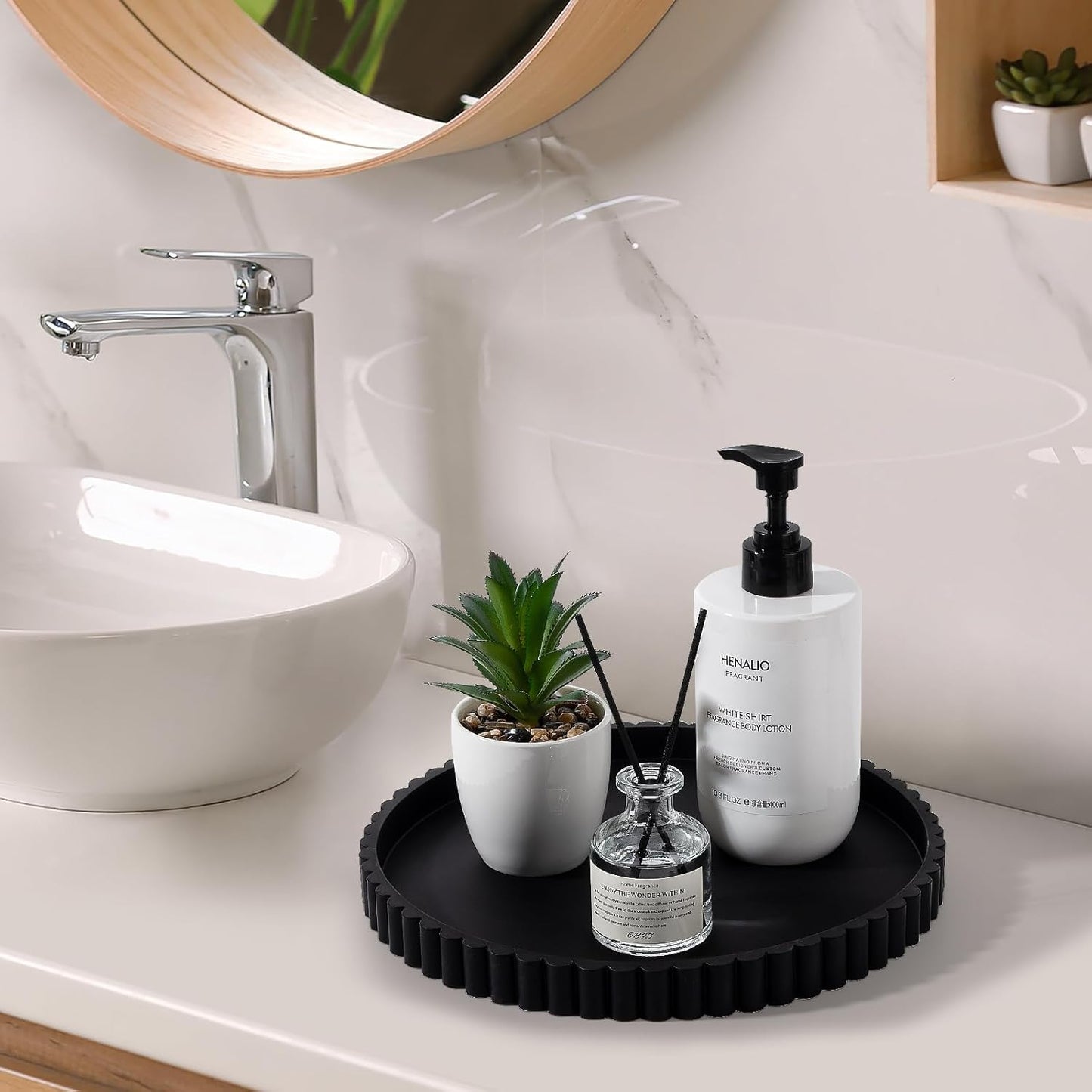 Round Bathroom Tray Silicone Kitchen Counter Decor Vanity Organizer Decorative Coffee Table Tray for Perfume, Candle, Soap Dish, 9 Inch, Black