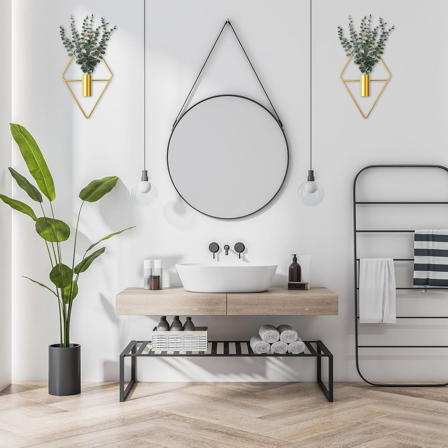 Jexine 4 Pcs Hanging Planters with Artificial Eucalyptus Metal Hanging Vase Indoor Plants Holder Modern Geometric Boho Bathroom Wall Decor for Living Room Home Office(Black)