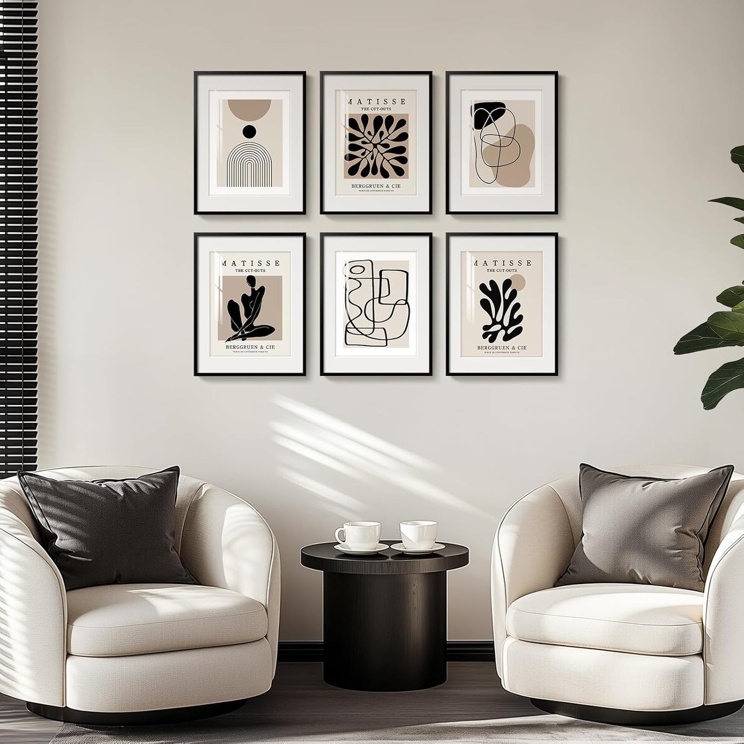 Framed Boho Black and White Brown Modern Abstract Wall Art for Living Room, Set of 6 Bohemian Wall Hanging Artwork, Minimalist Sun Geometric Pictures for Bedroom Office Bathroom Wall Decor 11x14 Inch