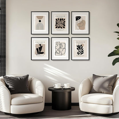 Framed Boho Black and White Brown Modern Abstract Wall Art for Living Room, Set of 6 Bohemian Wall Hanging Artwork, Minimalist Sun Geometric Pictures for Bedroom Office Bathroom Wall Decor 11x14 Inch