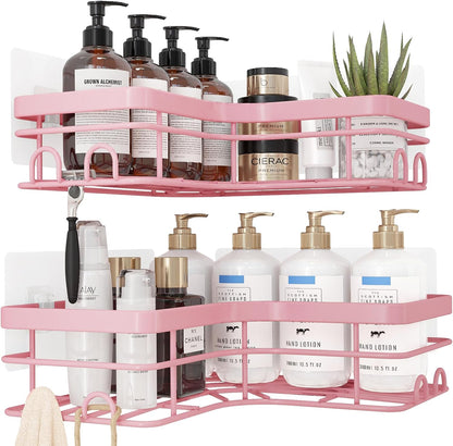 Sakugi Corner Shower Caddy - 2 Pack, Adhesive Shower Organizers, Rustproof Stainless Steel Shower Shelves with 8 Hooks, No Drilling Bathroom Organizers and Storage Racks, Space-Saving, Black, Medium