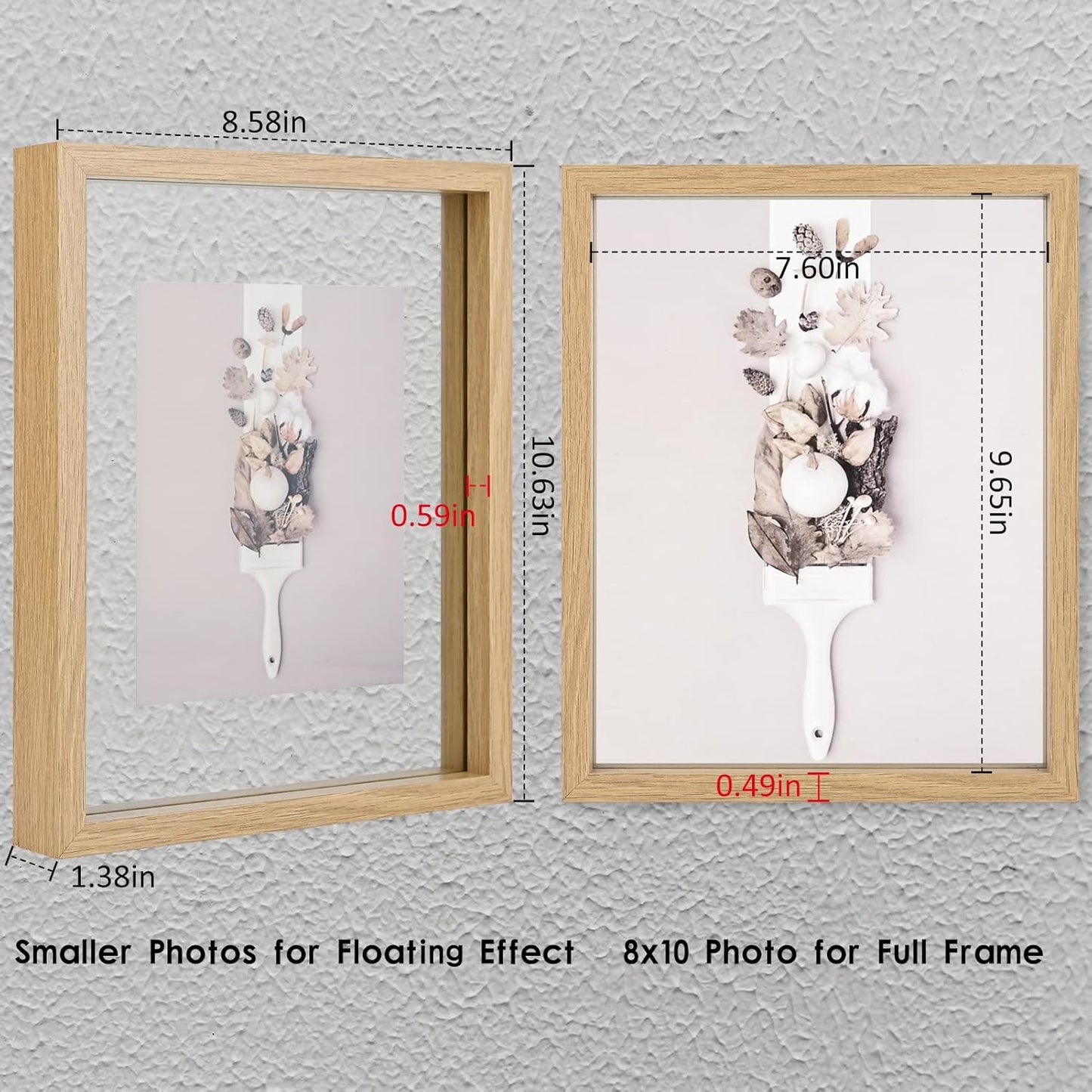 MUYE 11x14 Floating Frame Set of 2,Double Glass Rustic Frame,Display Any Size Photo up to 11x14,Wall Mount or Tabletop Standing,Natural